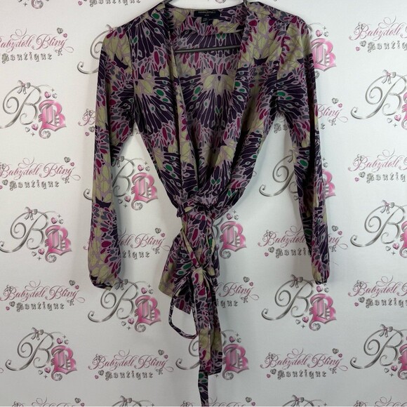 Banana Republic Tops - Banana Republic blouse long sleeve floral Purple and Green Wrap shirt tie up